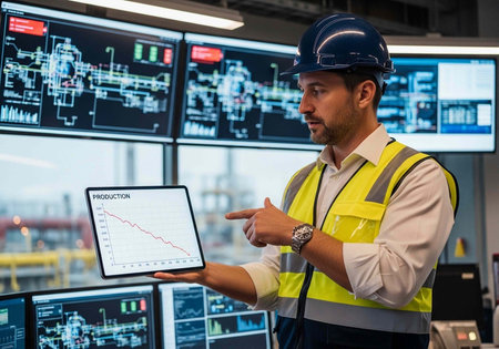 Man in hard hat and safety vest examines production graph on tablet in front of large industrial...
