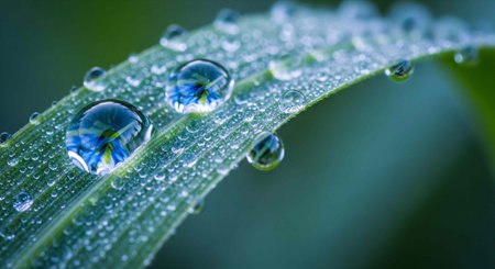 Water droplets on a leaf with tiny blue flower reflections visible inside