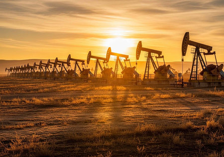 Silhouetted oil pumps stand in a desert field at sunset, with a bright orange sky and clouds