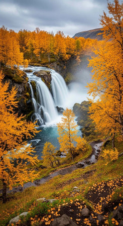 A large waterfall flows down a rocky slope surrounded by vibrant yellow autumn trees and greenery.