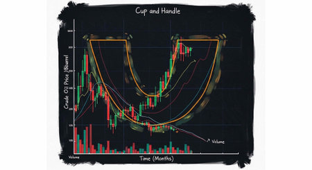 Colorful stock market chart with cup and handle pattern, lines, and bars on black