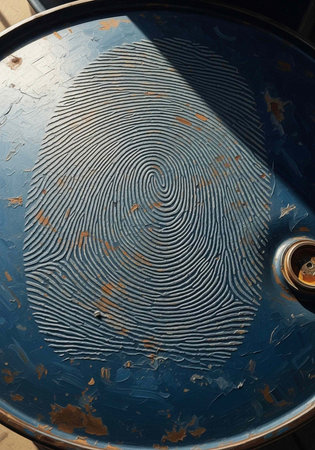 Blue metal surface with fingerprint design, rusty spots, and a small hole