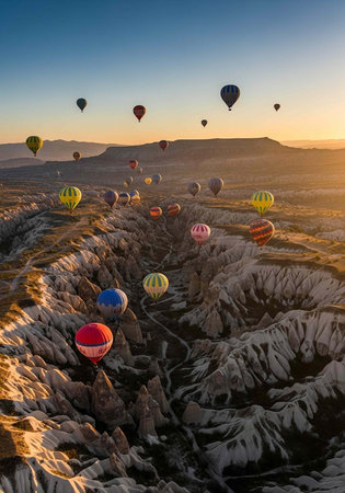 Hot air balloons soar above rugged terrain with mountains in the background at dawn or duskの写真素材