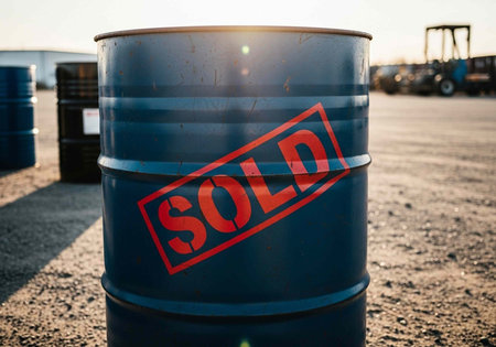 Close-up of blue metal barrel with red stamp, industrial yard background