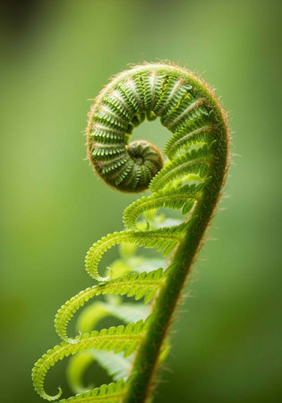 Close-up of a curled green fern frond with tiny hairs and a blurred green backgroundの写真素材