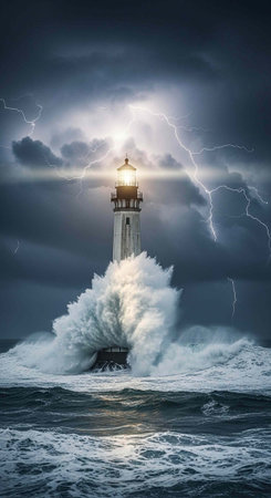 Powerful waves crash against a lighthouse as lightning strikes in a stormy dark cloudy skyの写真素材