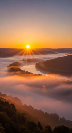 Aerial view of foggy valley at sunrise with hills, trees, and bright sunの写真素材