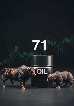 A bull and bear figurine stand on either side of an oil barrel with the number 71 above itの写真素材
