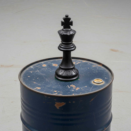 Close-up of black chess queen on blue metal barrel with rust spots and scratchesの写真素材