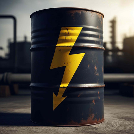 Rusted black metal barrel with yellow lightning bolt symbol on industrial setting backgroundの写真素材
