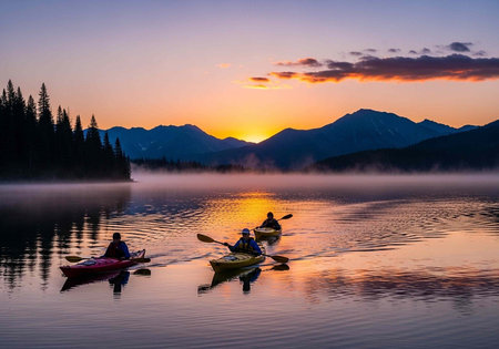 Three kayakers on calm lake, misty atmosphere, vibrant sunrise colors, majestic mountains in...