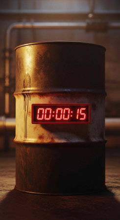 Close-up of a rusty metal barrel with a red digital timer display showing 15 seconds.の写真素材