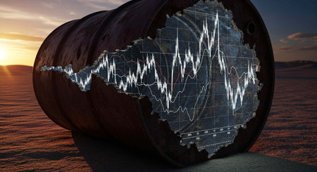 A rusty oil barrel with a broken graph chart superimposed on it in a desert landscape at sunset.