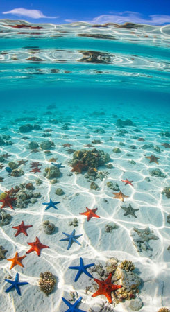 Colorful starfish and coral on a sandy ocean floor with clear blue water and sunlight filtering...