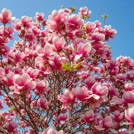 Pink magnolia flowers with green leaves against clear blue skyの写真素材
