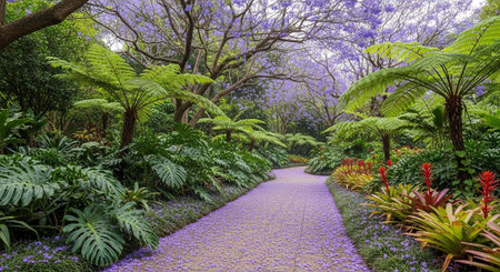 Winding path through a garden with purple flowers, ferns, and trees in a tropical landscape