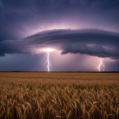 A vast golden wheat field under a dark purple stormy sky with lightning strikes and thick clouds