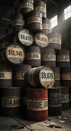 Large stack of crude oil barrels with price labels in a dimly lit warehouse with windowsの写真素材