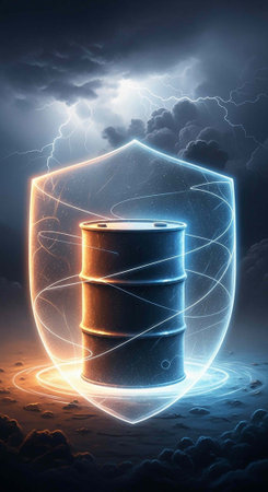 A shield with neon lines protects a metal cylinder from a stormy sky with lightning.