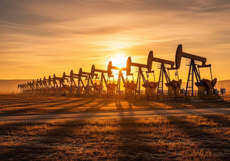 Row of oil pumps in a field at sunset, casting long shadows