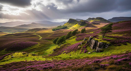 Scenic landscape of purple heather, green hills, and rocky outcrops under a cloudy sky with sunlight