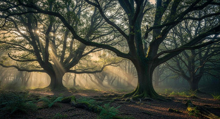 A serene forest scene with large, gnarled trees, misty atmosphere, and warm sunlight filtering...