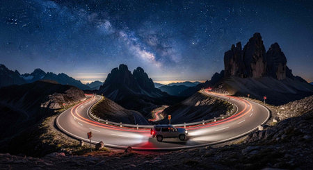 A curved road with a car and light trails under a starry night sky with mountains