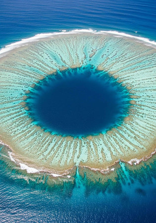 Vibrant turquoise and blue waters surround a massive underwater sinkhole, aerial view of natural...