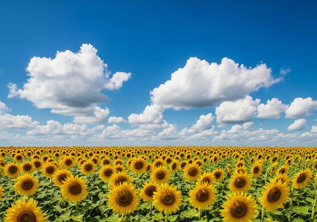 Endless field of sunflowers with green leaves and yellow petals under a clear blue skyの写真素材