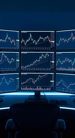 A dimly lit room with multiple screens showing various stock market graphs and charts