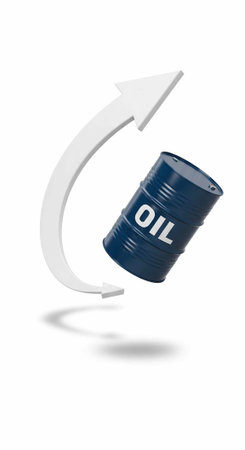 Dark blue oil barrel with white OIL text and curved white arrow on plain white background