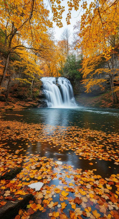 Peaceful waterfall in a forest, with yellow trees, fallen leaves floating on the pond, and a clear...