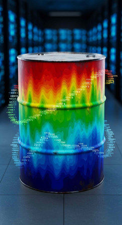 A rainbow-colored oil drum with data visualization graphics in a dark server room settingの写真素材
