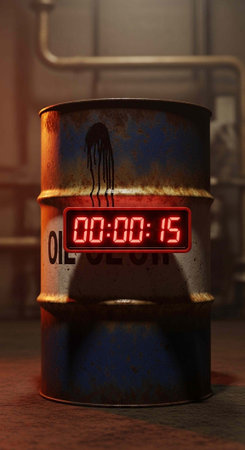 A rusty oil barrel with a timer and graffiti in a dimly lit industrial background
