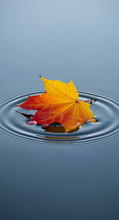 A colorful maple leaf floats on water, creating ripples, with shades of yellow, orange, and red.