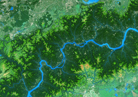 Satellite image of a serene river meandering through a vibrant green forest with numerous...