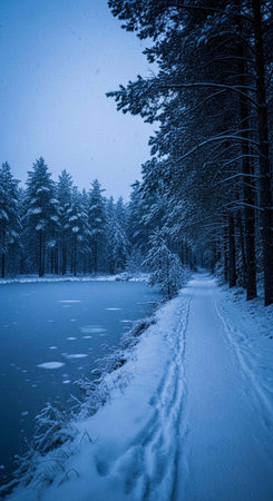 Snowy path and frozen lake surrounded by evergreen trees covered in snow under a blue sky