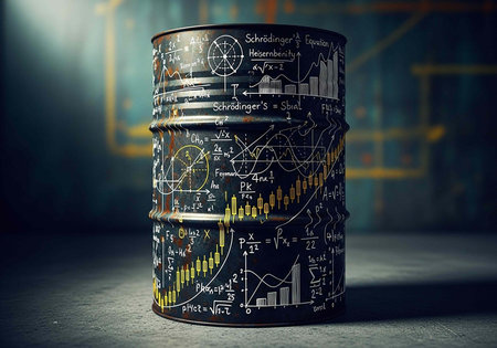 A black metal barrel covered in mathematical equations and graphs in a dimly lit industrial space