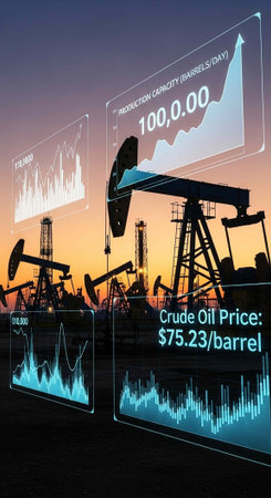 Silhouette of oil rigs at sunset with digital screens displaying graphs and crude oil price