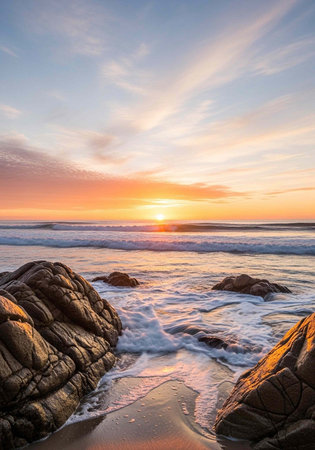 Peaceful ocean waves crash against large rocks at sunset, warm light on sandy beachの写真素材