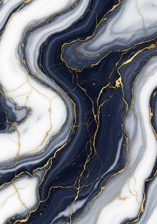 Luxurious marble texture with black, white, gray, and gold swirling veins creating an elegant...