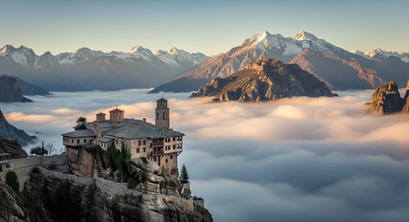 Historic monastery on cliff edge, surrounded by rugged mountains, foggy valley, and clear blue sky
