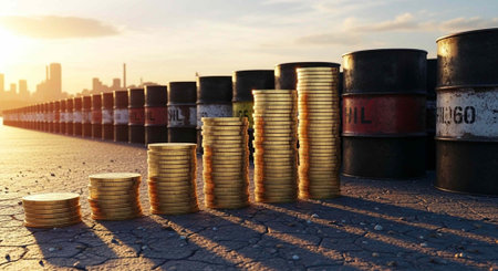 Coins in a row on the background of the city and the sunset