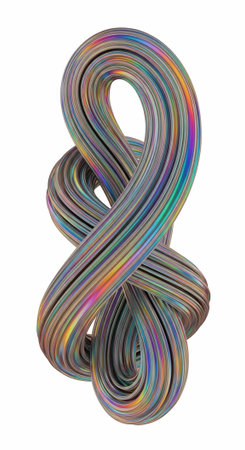 A multicolored cable forms an infinity loop with vibrant rainbow colors and shades on a clean white...