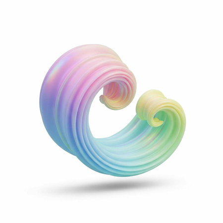 Vibrant, rainbow-colored wave-shaped object with rounded, swirling design and subtle shadow on plain...
