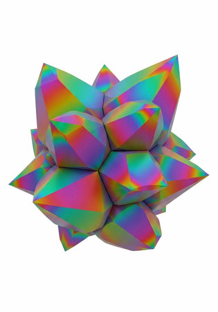 Colorful 3D crystal structure with shiny, faceted surfaces reflecting rainbow hues on white backgroundの写真素材