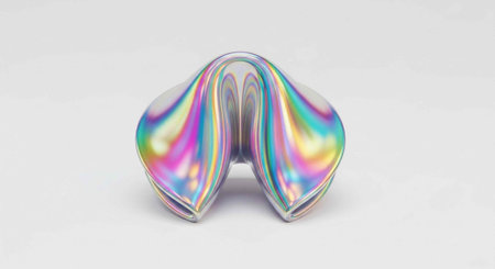 A shiny, holographic object with a rainbow-colored, iridescent surface sits on a plain white...