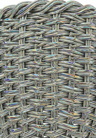 Detailed view of interwoven gray and rainbow-colored strands creating a complex, woven design