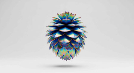A vibrant, holographic pinecone with shimmering, iridescent scales in shades of blue, green, and purple on a light gray backgroundの写真素材