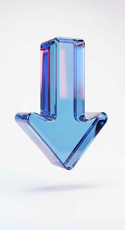 A shiny blue arrow icon with a reflective surface and subtle shadow on a clean white background
